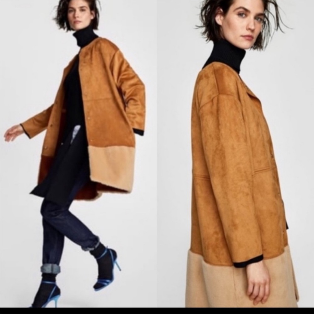 Zara Tan Coat with Faux Fur Trim, Size Small